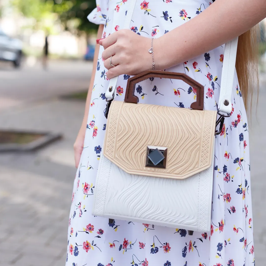 Two-Tone Ripple Embossed Boxy Handheld Case With Polished Wooden Top Handle, Metallic Twist Clasp And Detachable Matching Shoulder Band