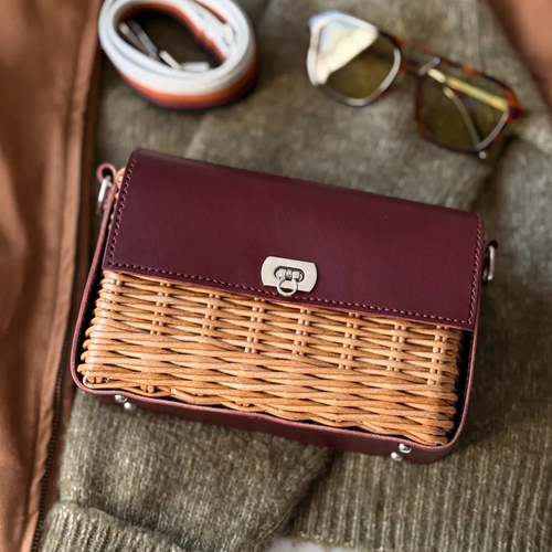 Deep Burgundy Trim Woven Rattan Rectangular Flap Purse With Silvery Twist Lock Hardware And Striped Fabric Shoulder Band