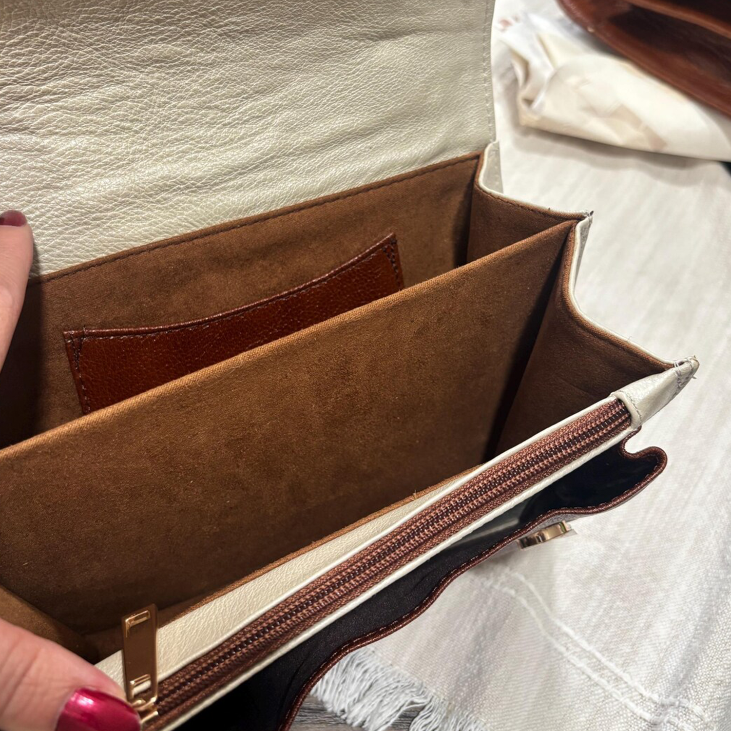 Two-Tone Hand Carved Floral Rectangular Flap Purse With Golden Stud Trim, Linked Metal Chain Strap And Multi Divided Interior Compartments