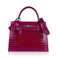 Kelly 25 Sellier Bag Rose Pourpre Crocodile with Palladium Hardware