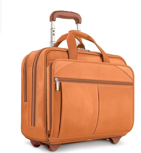 Tan Leather Rolling Case with Wheels
