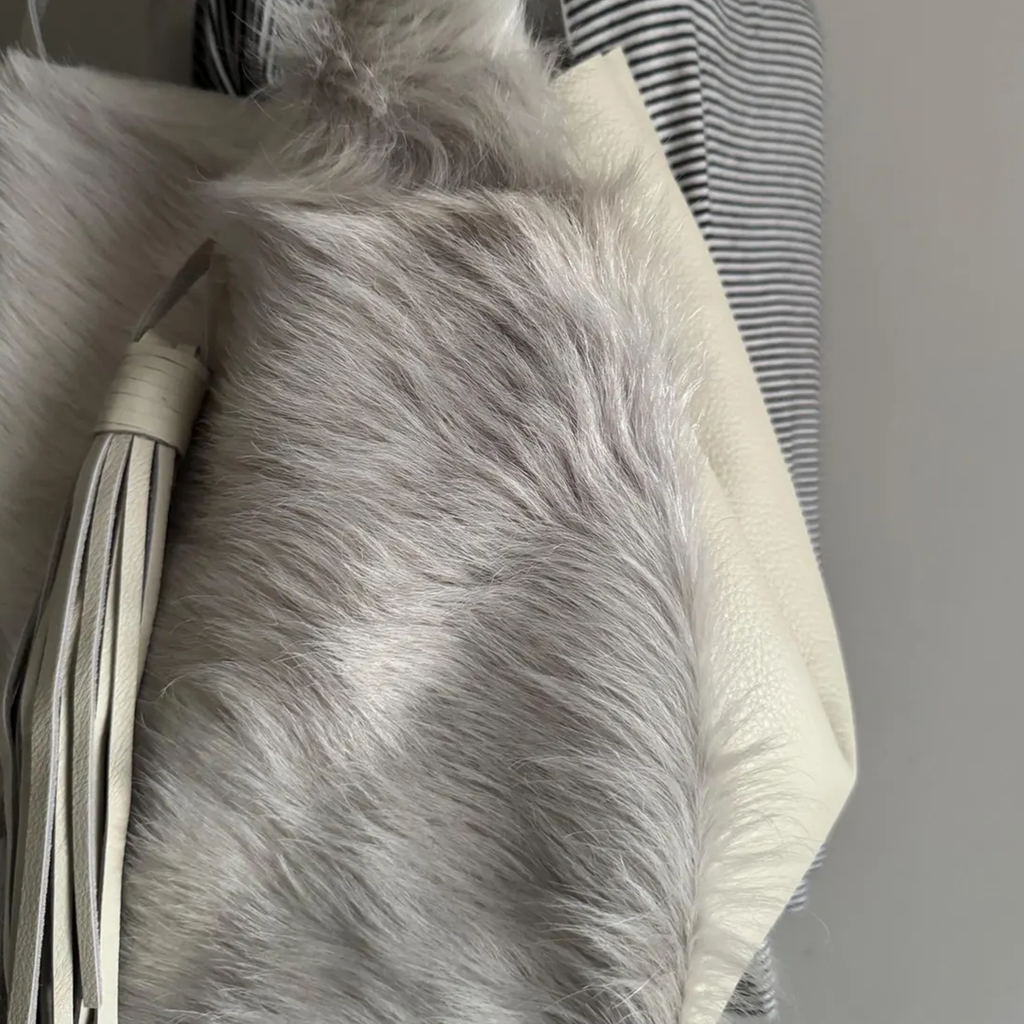 Pale Neutral Oversized Slouchy Shoulder Tote With Plush Fuzzy Front Panel, Multi-Strand Fringe Tassel And Base Protective Metal Studs