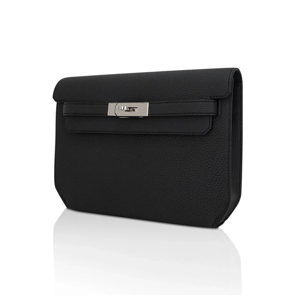 Kelly Depeches 25 Pouch Bag Black Galop D’Leather with Palladium Hardware