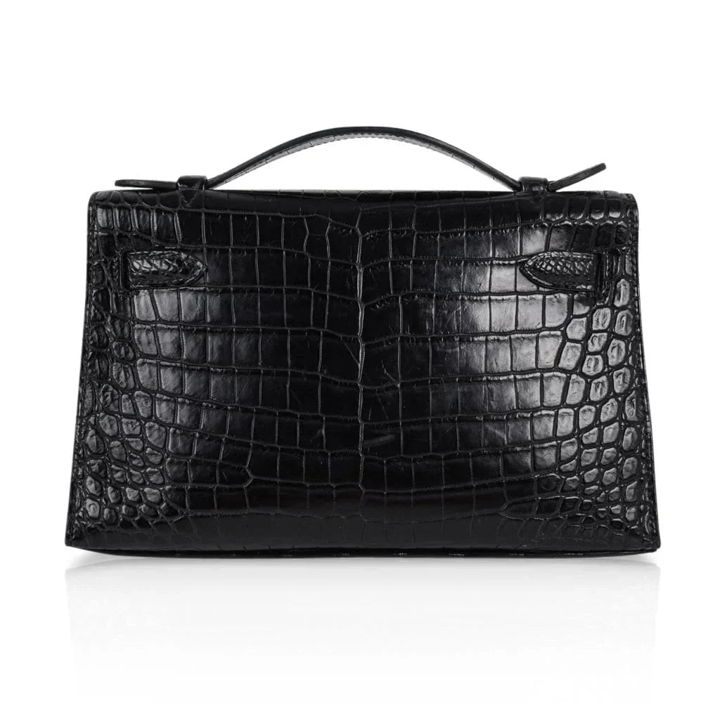 Kelly Pochette Bag Matte Black Crocodile Clutch Palladium