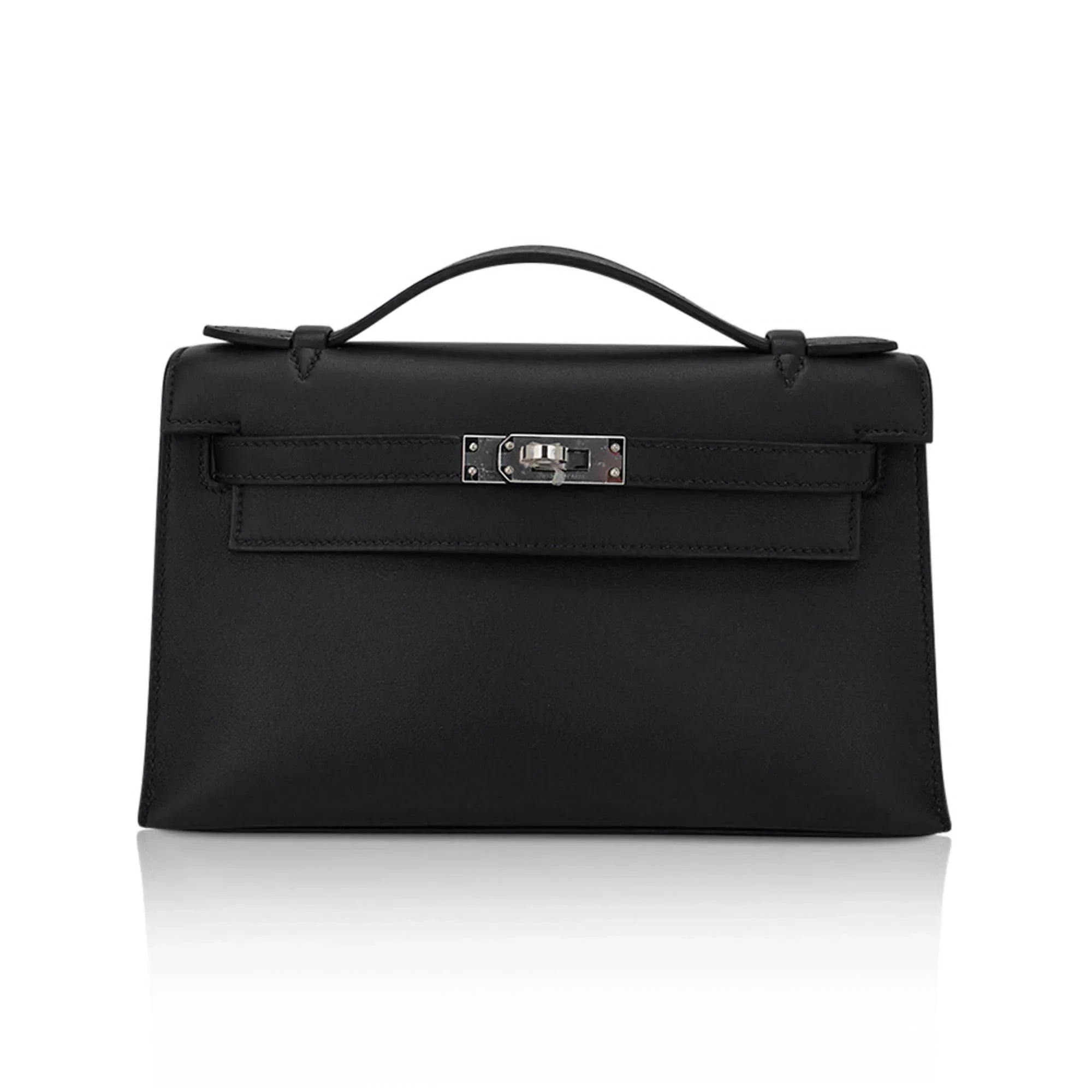 Kelly Pochette Clutch Bag Black Swift Leather with Palladium Hardware