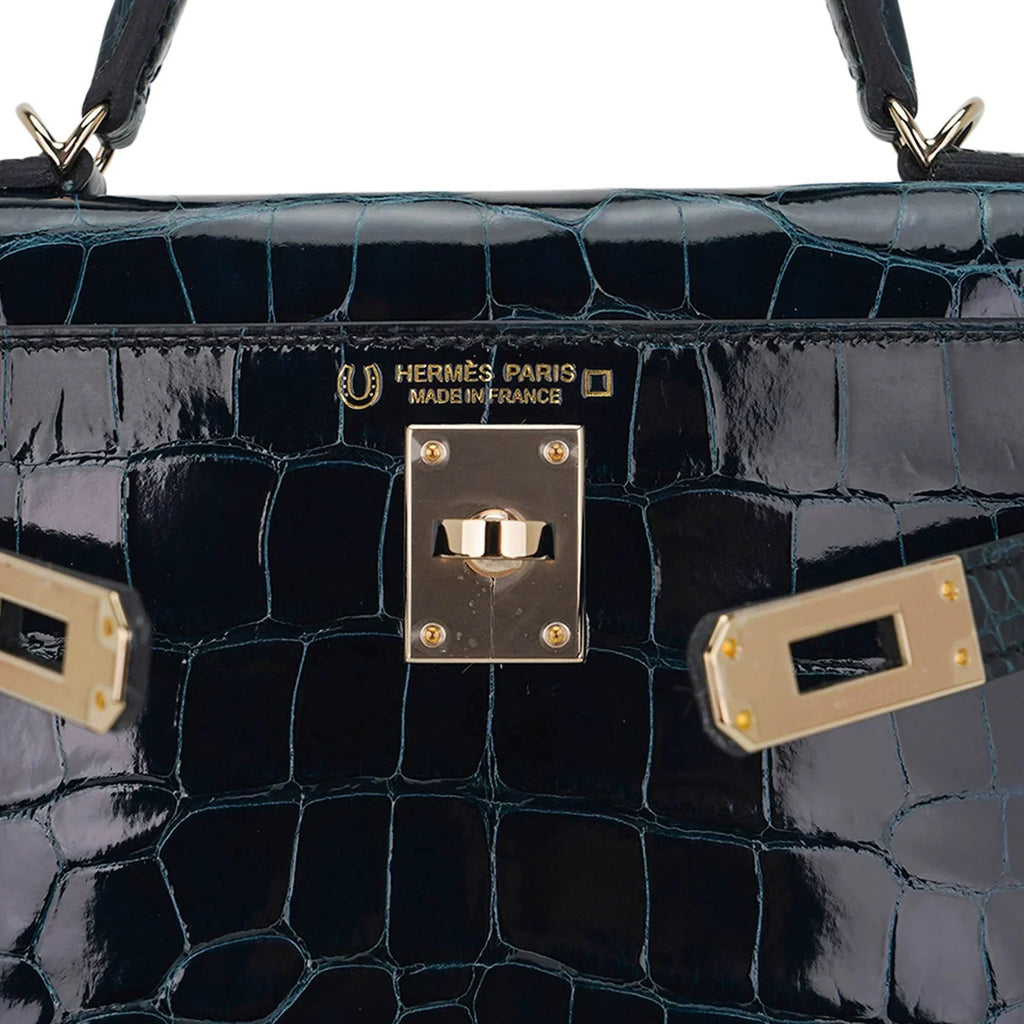 Limited Edition Verso Mini Kelly 20 Sellier Bag Vert Rousseau & Blue Paon Alligator with Permabrass Hardware