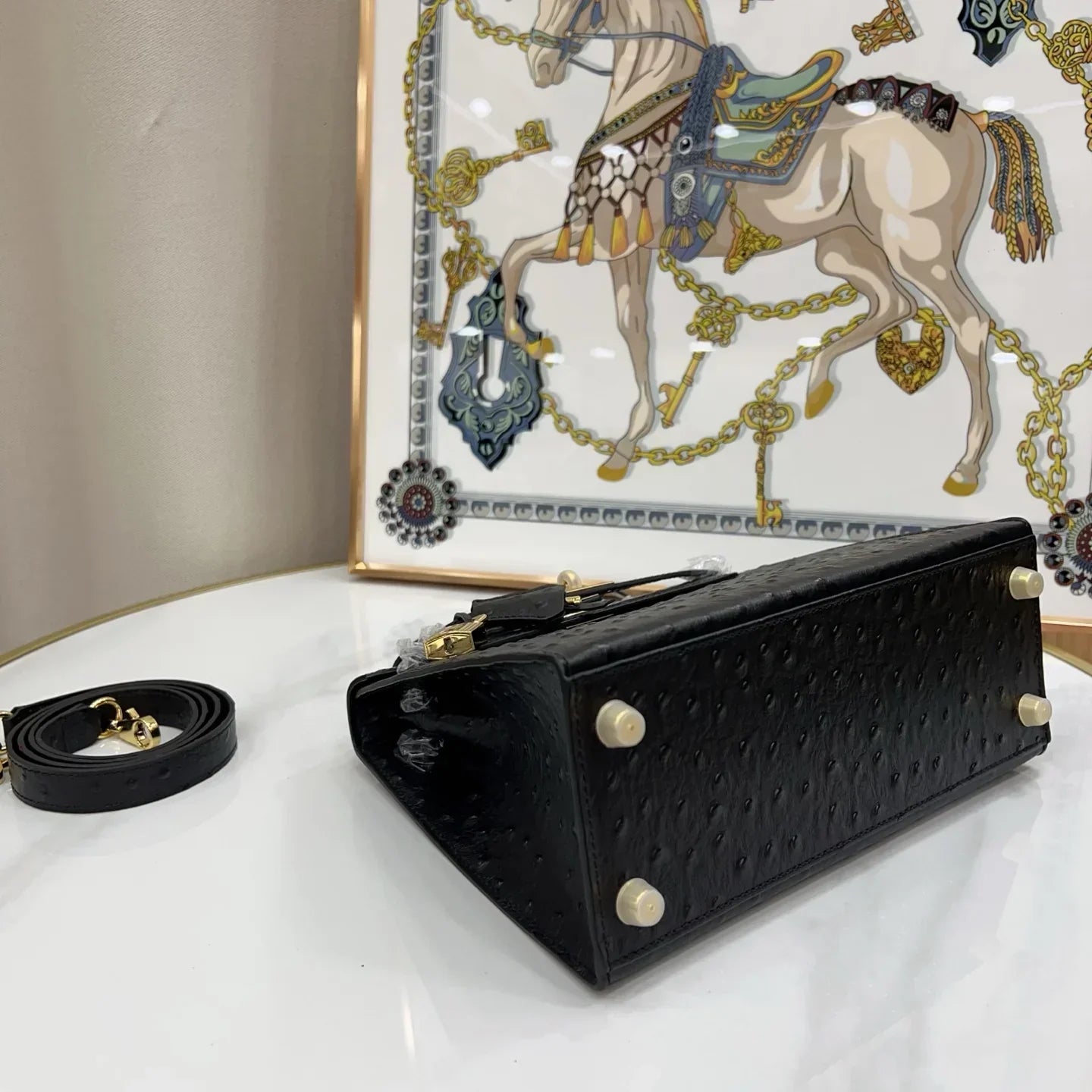 Kelly 25 Sellier Black Ostrich Gold Hardware