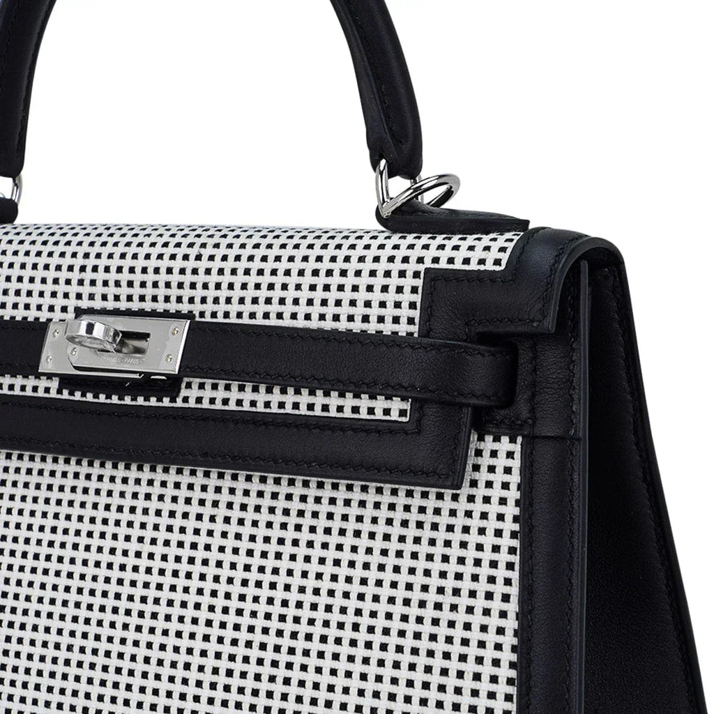 Kelly 25 Sellier Bag Quadrille Black & White Viking Toile Swift Leather with Palladium Hardware