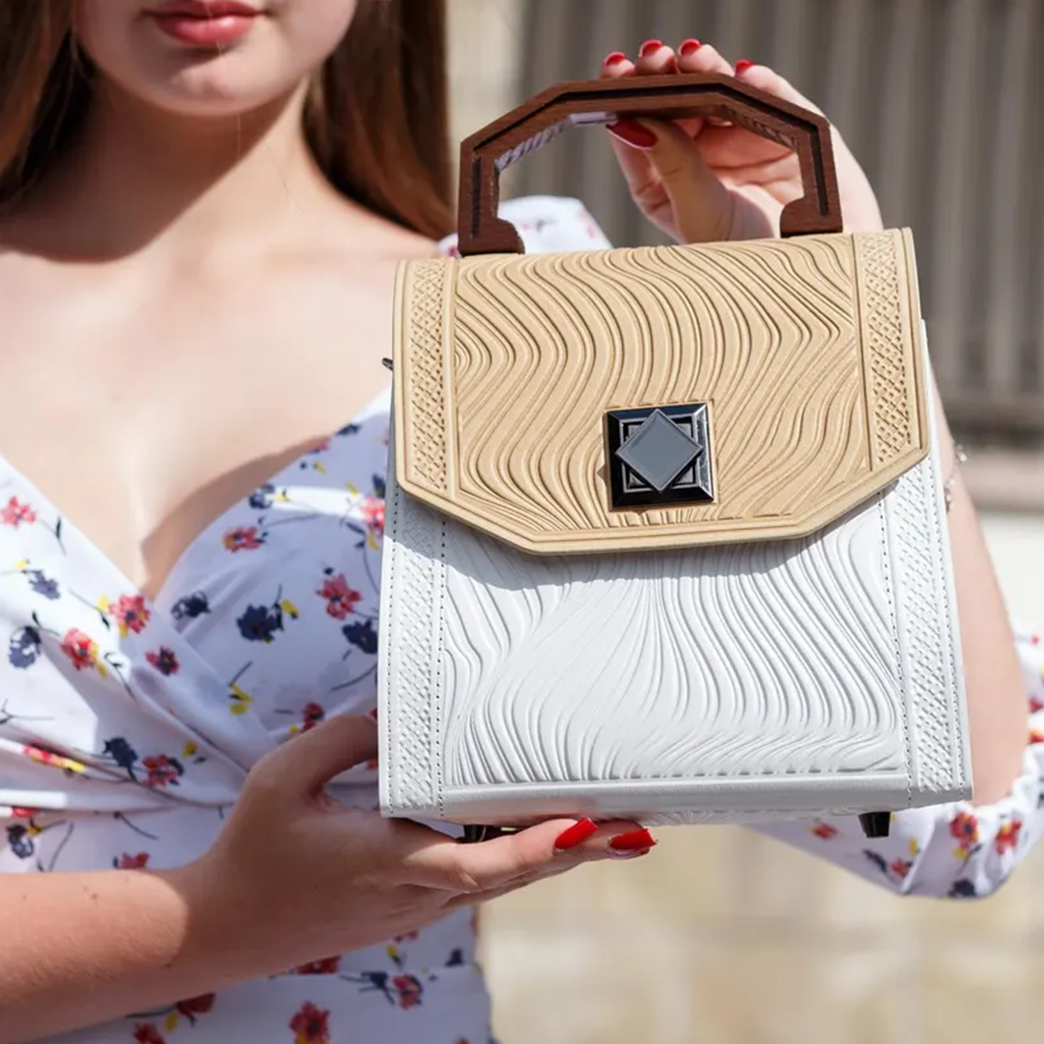 Two-Tone Ripple Embossed Boxy Handheld Case With Polished Wooden Top Handle, Metallic Twist Clasp And Detachable Matching Shoulder Band