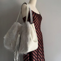 Pale Neutral Oversized Slouchy Shoulder Tote With Plush Fuzzy Front Panel, Multi-Strand Fringe Tassel And Base Protective Metal Studs