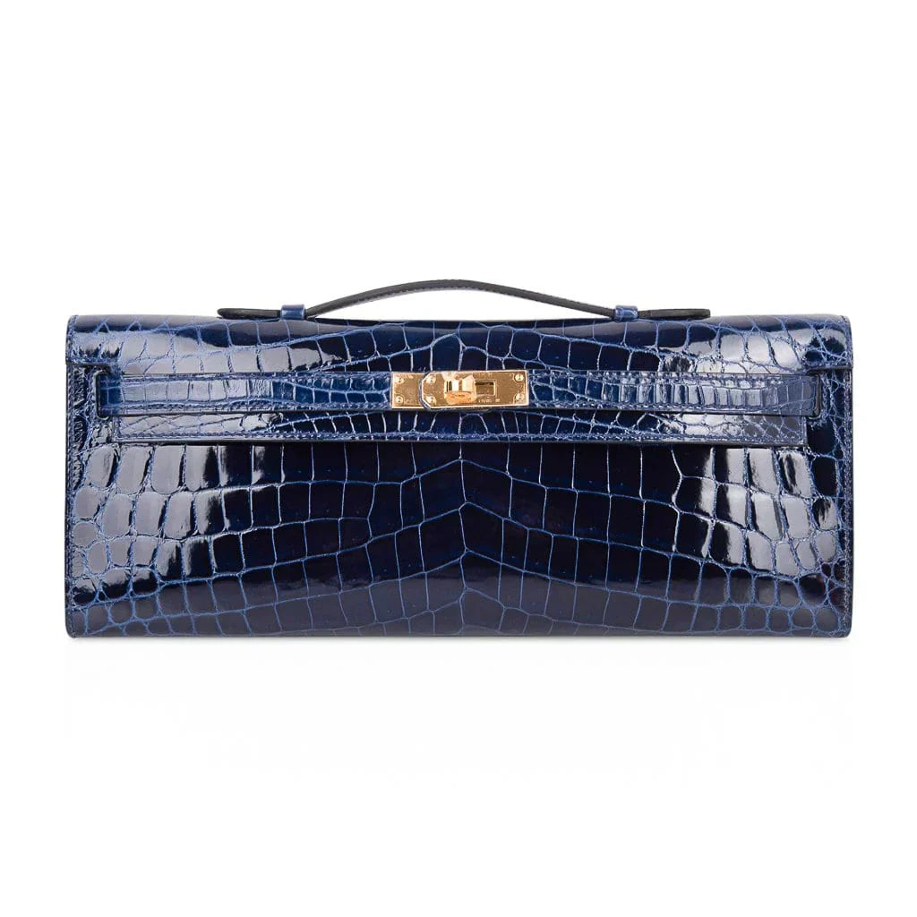 Kelly Cut Blue Sapphire Crocodile Clutch Bag Gold Hardware