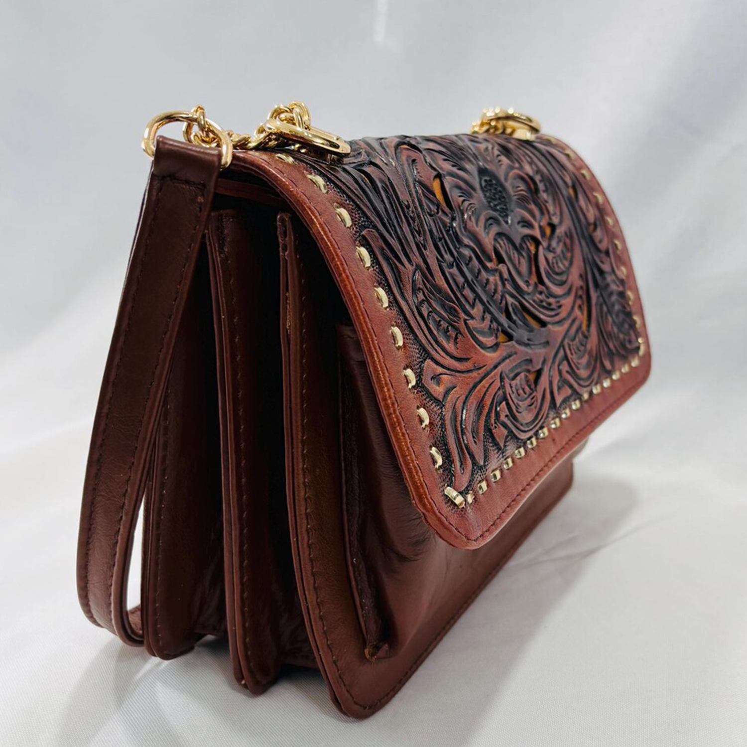 Two-Tone Hand Carved Floral Rectangular Flap Purse With Golden Stud Trim, Linked Metal Chain Strap And Multi Divided Interior Compartments