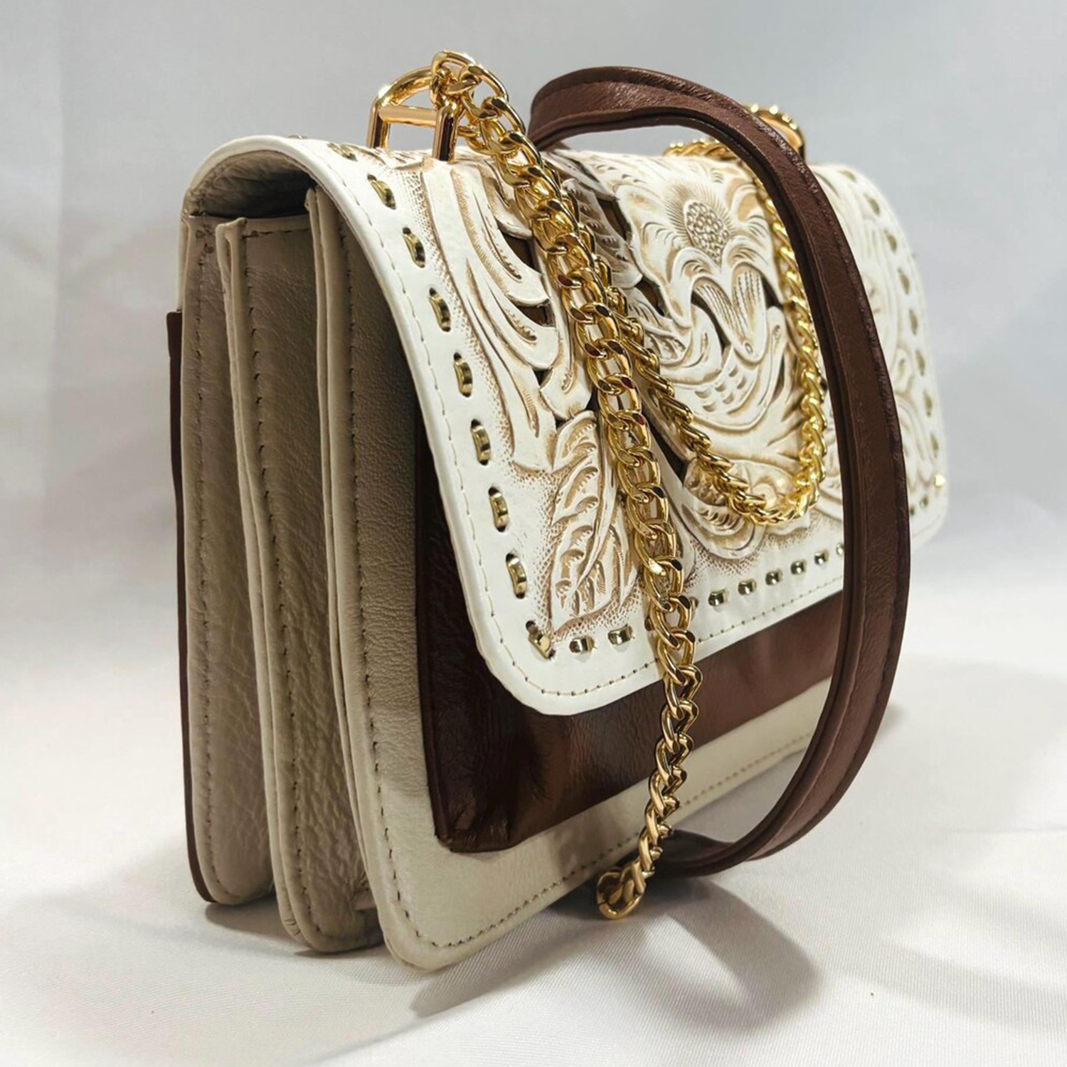 Two-Tone Hand Carved Floral Rectangular Flap Purse With Golden Stud Trim, Linked Metal Chain Strap And Multi Divided Interior Compartments