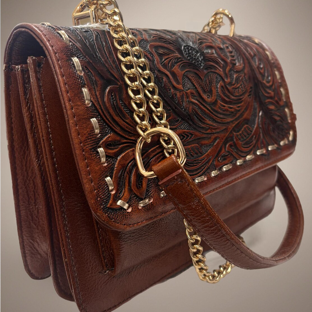 Two-Tone Hand Carved Floral Rectangular Flap Purse With Golden Stud Trim, Linked Metal Chain Strap And Multi Divided Interior Compartments
