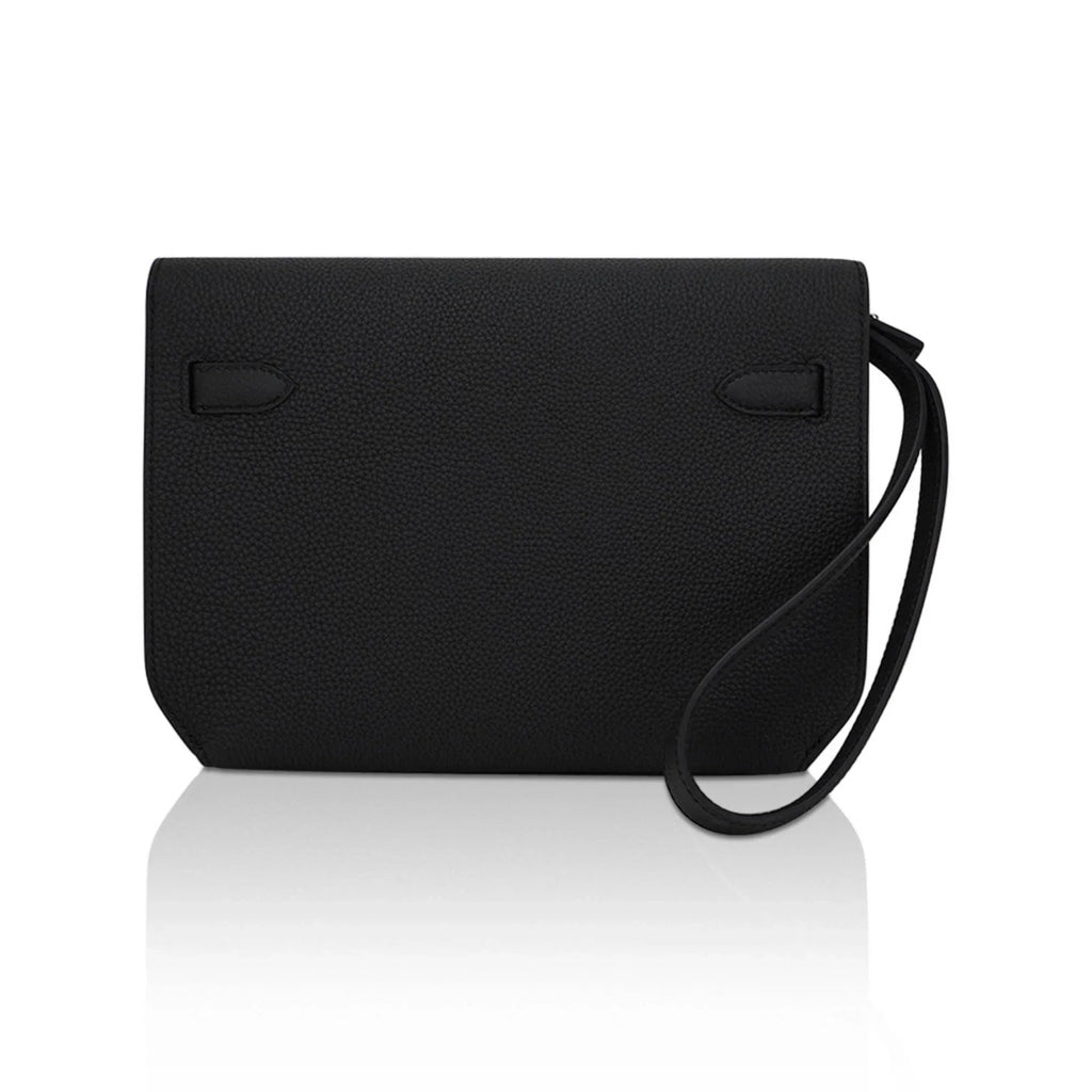 Kelly Depeches 25 Pouch Bag Black Galop D’Leather with Palladium Hardware
