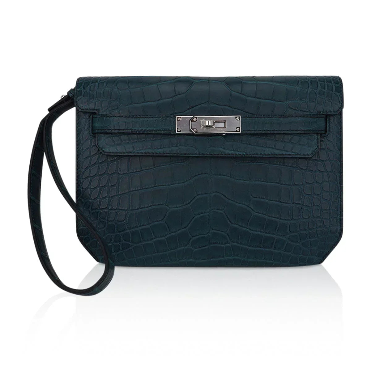Kelly Depeches 25 Pouch Vert Rousseau Matte Alligator Palladium Hardware