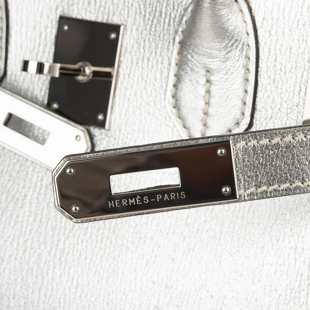 Limited Edition Birkin 30 Bag Silver Metallic Chevre Leather with Palladium Hardware