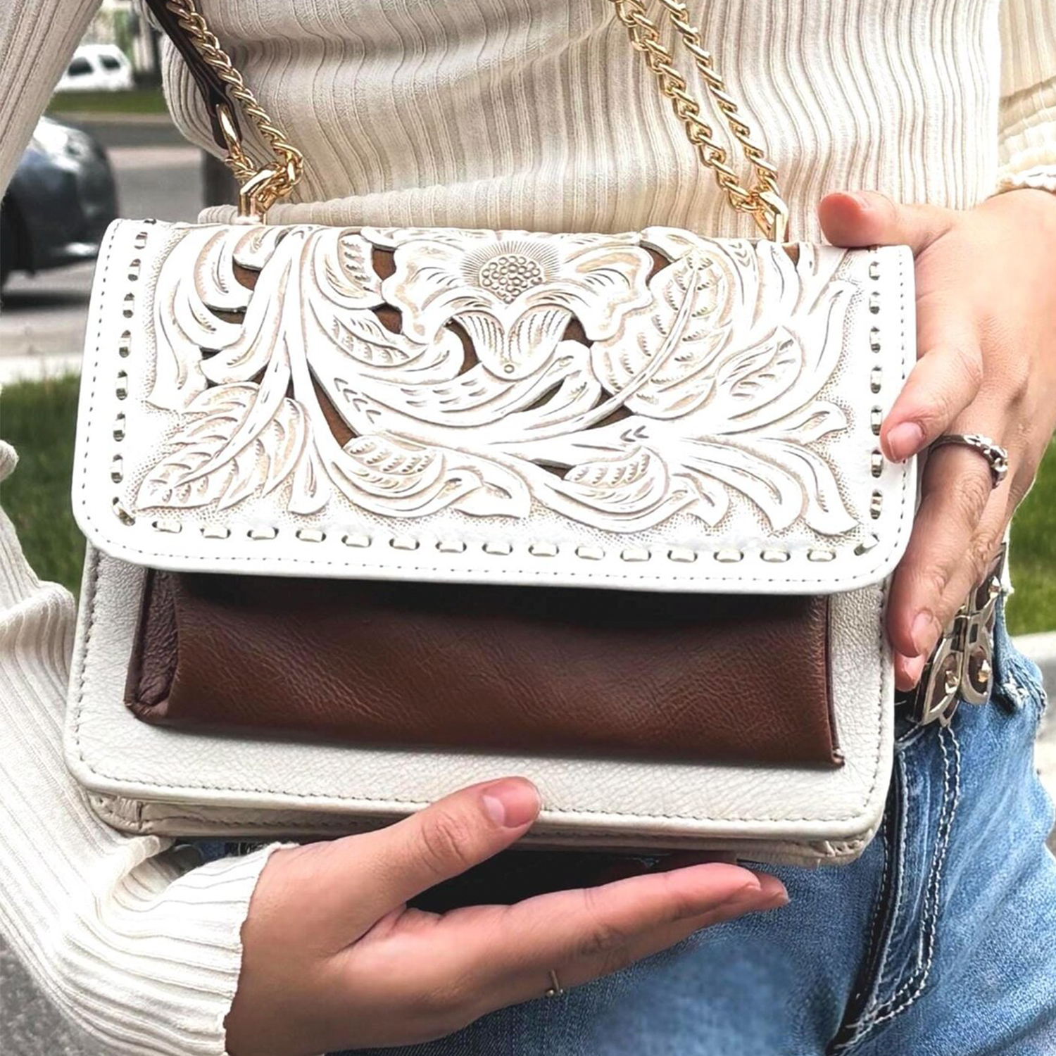 Two-Tone Hand Carved Floral Rectangular Flap Purse With Golden Stud Trim, Linked Metal Chain Strap And Multi Divided Interior Compartments