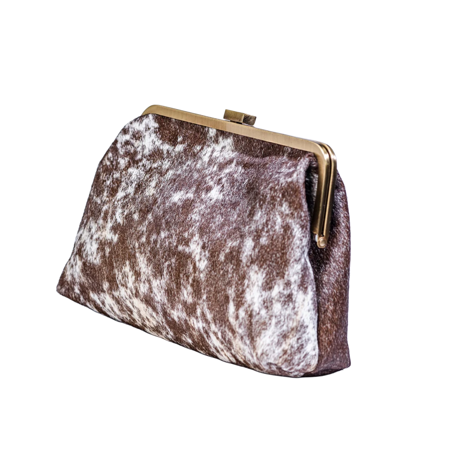 Mottled Brown And White Fuzzy Pattern Frame Clutch With Bronze Metal Rim Snap Clasp And Linked Metallic Carrying Chain